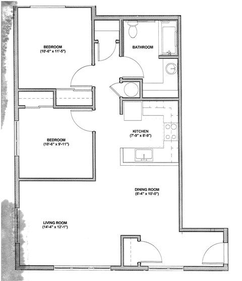 Floor plan for 2 beds, 1 bath, 831 sqft